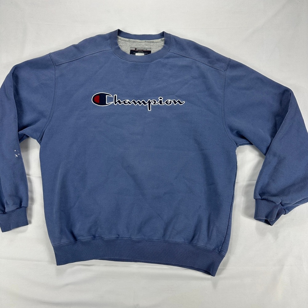 Vintage Champion Embroidered Logo Crewneck Sweatshirt Blue Men's Large 90s Y2K